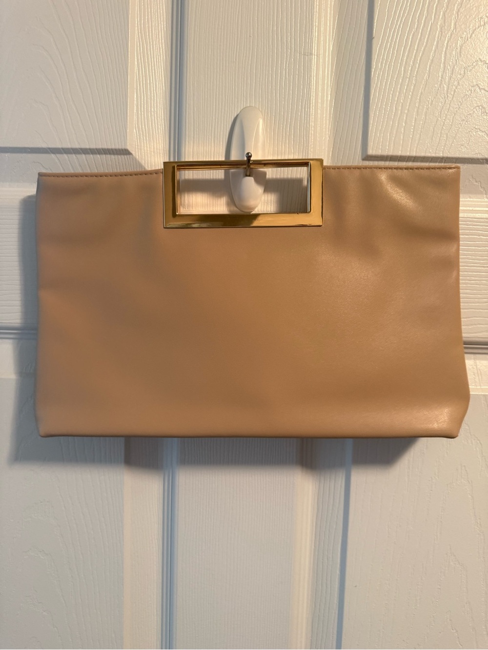 Beige Leatherette Rectangular Clutch with Gold Handle